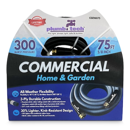 Plumb Tech 5/8 in ID x 75 ft L Water Hose, Nitrile Tube, Black CGE16075